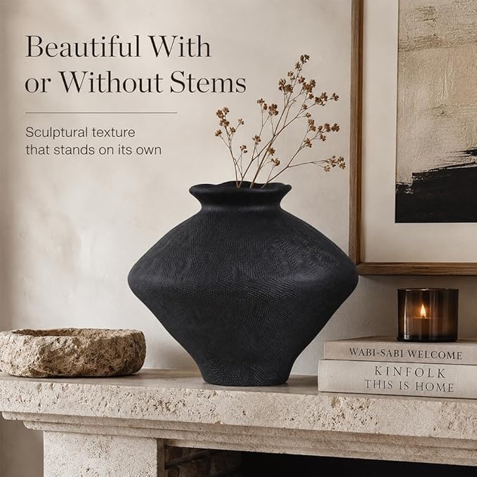Large Wabi Sabi Black Vintage Ceramic Vase, 11" Rustic Pottery Vase for Centerpieces, Wabi Sabi Decor Flower Vases for Table, Living Room, Bedroom, Bathroom, Kitchen, Farmhouse Home Decor Gifts