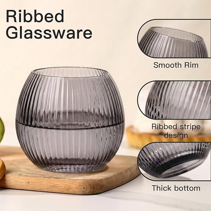 JOVGANK Grey Ribbed Drinking Glasses Set of 6-10.8 OZ Stemless Wine Champagne Whiskey Cocktail Glass, Reusable Wine Cups for Home Party Wedding Bar