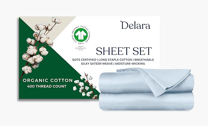 GOTS Certified 100% Organic Cotton Sheets, 400TC Long Staple Cotton, Ultra Soft, Silky, Moisture-Wicking, Smooth & Breathable, with Elasticized Deep Pocket