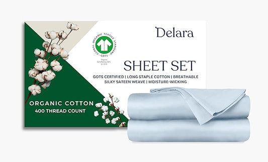 GOTS Certified 100% Organic Cotton Sheets, 400TC Long Staple Cotton, Ultra Soft, Silky, Moisture-Wicking, Smooth & Breathable, with Elasticized Deep Pocket