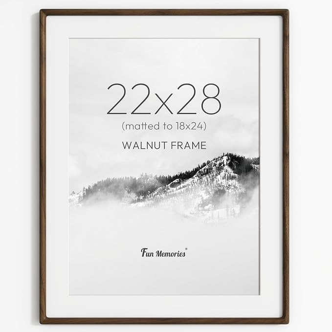 22x28 Poster Frame, USA-Sourced Walnut Wood Frame Wall Mounted, 22x28 Picture Frame with Real Glass, 22 x 28 Picture Frame Matted to 18x24 Photo for Vertical & Horizontal Hanging, 1 Pack