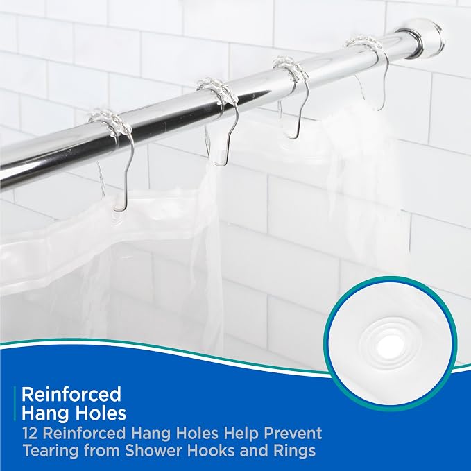 Kenney KN61708 Medium Weight 5 Gauge Waterproof PEVA Shower Curtain Liner with Durable Eyelet Hang Holes, Weighted Magnetic Hem, and 12 Piece Beaded Roller Ring Set for Bathroom, 70" W x 72" H, Clear