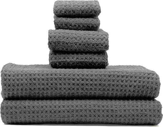 Italic Sedona Luxe Waffle Towel Set, 410 GSM 6-Piece 100% Cotton Set with 2 Bath Sheets, 2 Hand Towels & 2 Washcloths, Spa-Quality (Charcoal)