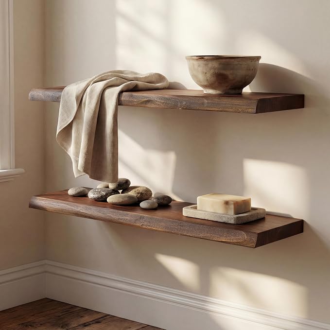 36" Live Edge Floating Shelves, Solid Elm Wood Shelf, Set of 2 | 1.4" Extra Thick, 9.3" Deep Heavy Duty Storage, FSC Certified Vintage Weathered Finish for Kitchen & Coffee Bar