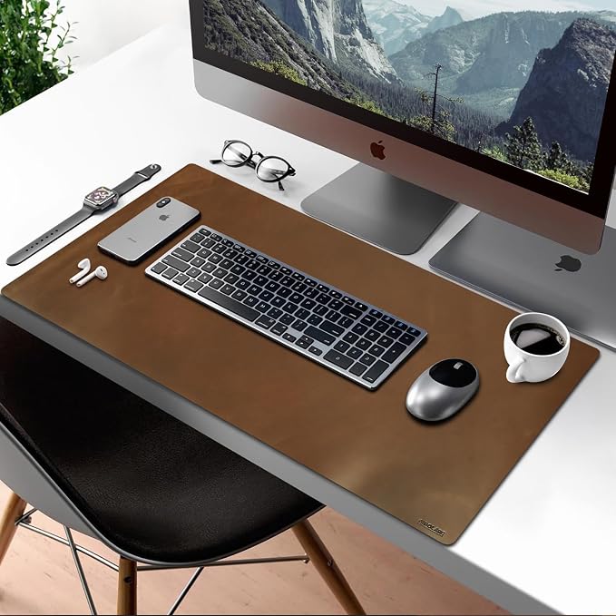 Polare 2mm Thick Full Grain Leather Desk Pad Protector 31.5 x 15.7 inch Desktop Blotter Mats for Keyboard and Mouse Non-Slip Desk Writing Pad for Office and Home (Brown)
