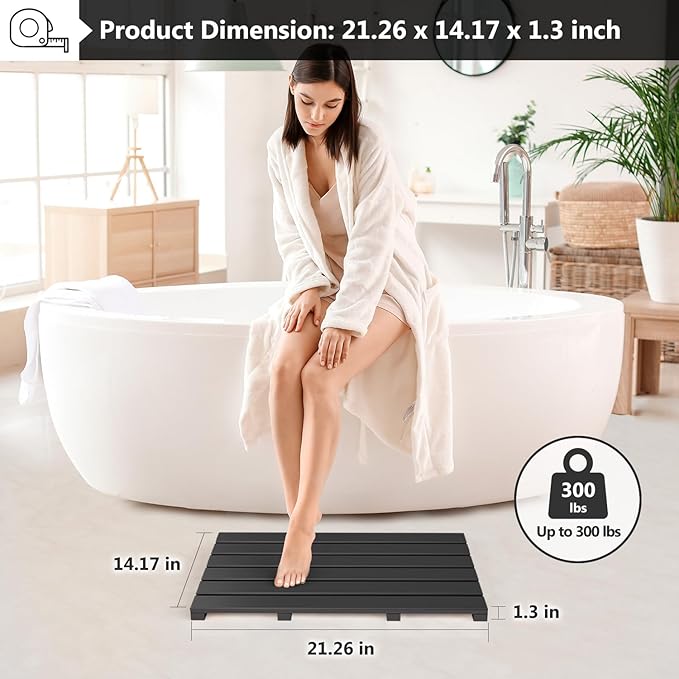 Domax Wooden Bamboo Bath Shower Mat- Non-Slip Waterproof Large Bathroom Floor Mat for Indoor Outdoor (Black, 21.26 x 14.17 x 1.3 Inches)