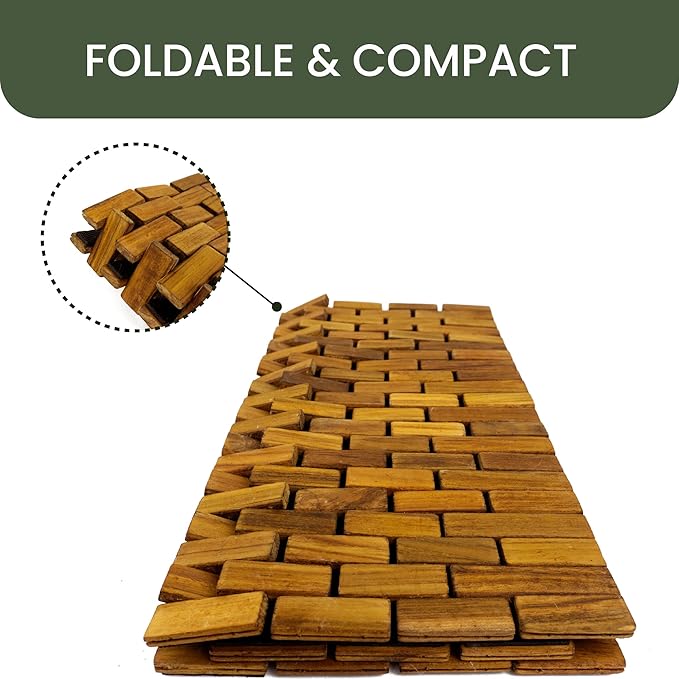 Teak Bath Mat & Shower Mat (24" x 16.5") | Wooden Flooring for Bathtub & Bathroom | Foldable & Non Slip Wood Bathmat