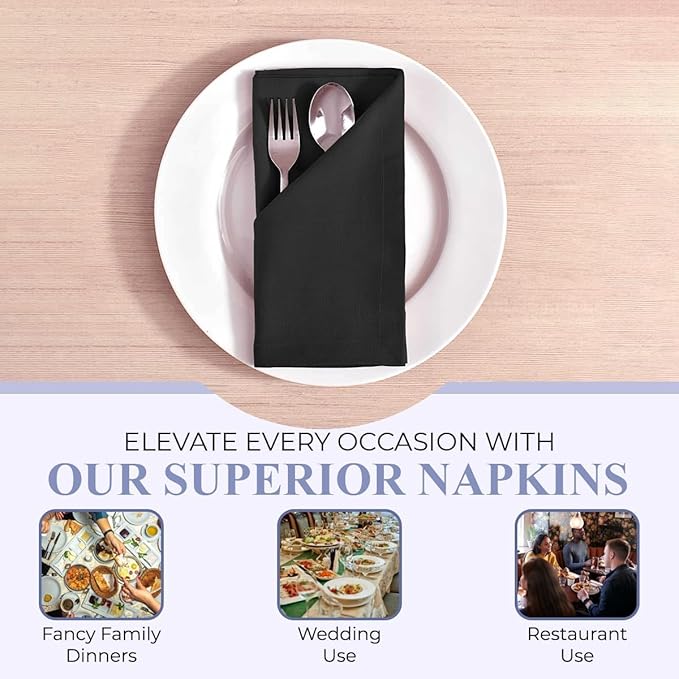 Set of 12 Cloth Napkins, 18 X 18 Inches, 100% Cotton Premium Quality Cloth Napkins with Mitered Corners Ultra Soft Absorbent Dinner Table Cloth Decor Oversized Napkins for Parties, Black