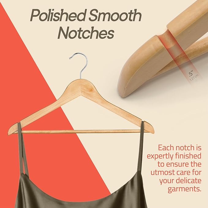 Natural Wooden Hangers 60 Pack – Heavy-Duty with 360° Swivel Hook, Non-Slip, Pants Bar & Shoulder Grooves - Wooden Hangers for Suits, Jackets, Dresses & Camisoles, Space-Saving and Smooth Finish