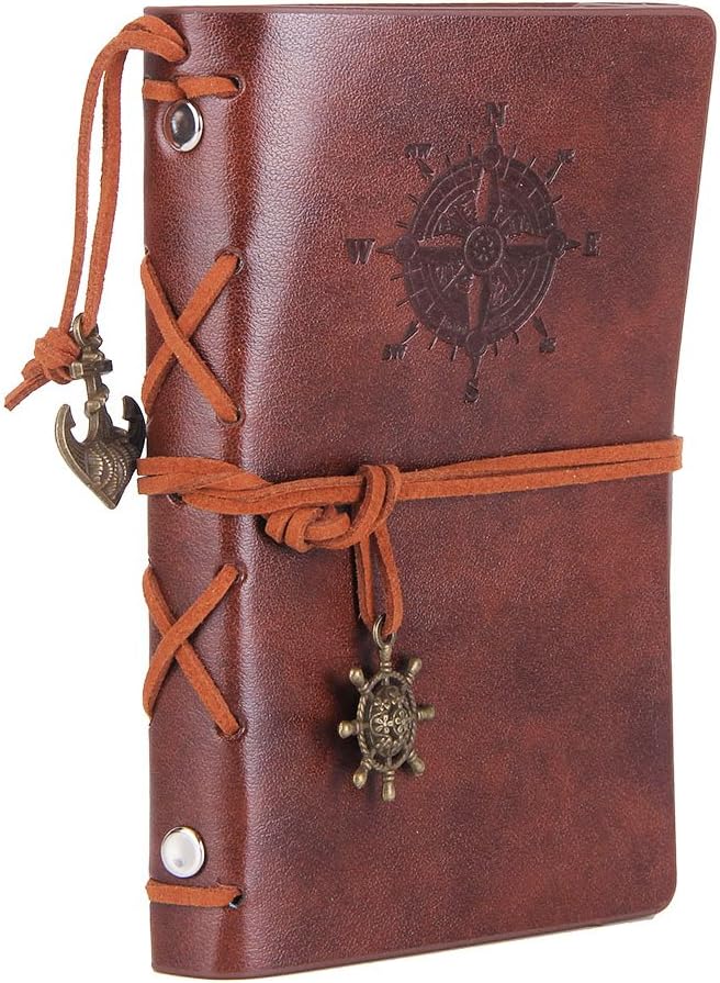 EvZ Vintage Leather Journal - 5" Refillable Coffee Brown Notebook with Anchor & Rudder Pendants - Small Spiral Blank Diary for Travel, Writing & Art - Classic Embossed Nautical Sketchbook