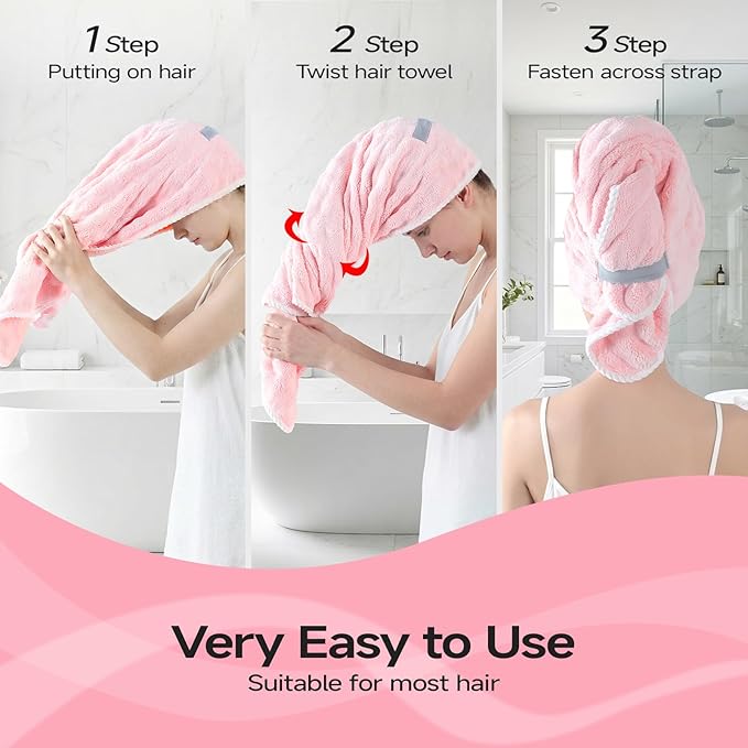 REDKISS 3 Pack Microfiber Hair Towels for Women, Hair Towel Wrap for Long Curly Thick Hair, Quick Dry 280 GSM Hair Drying Towel Wrap with Secure Strap, Soft Anti-Static Microfiber Towels