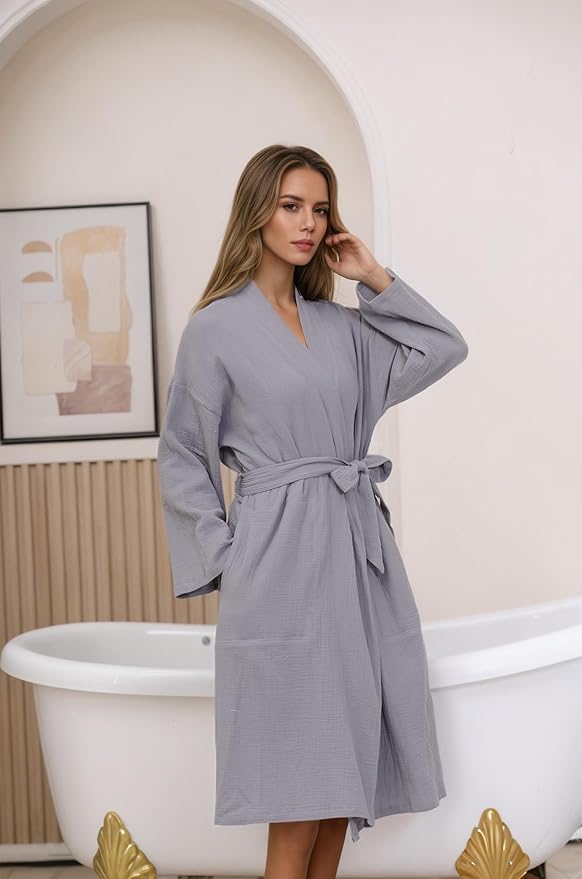 Women's Organic Cotton Bathrobe Long Sleeve Nightgowns Lightweight Waist-Tie Bath Robe for Home Spa Muslin Cotton Beach Wear