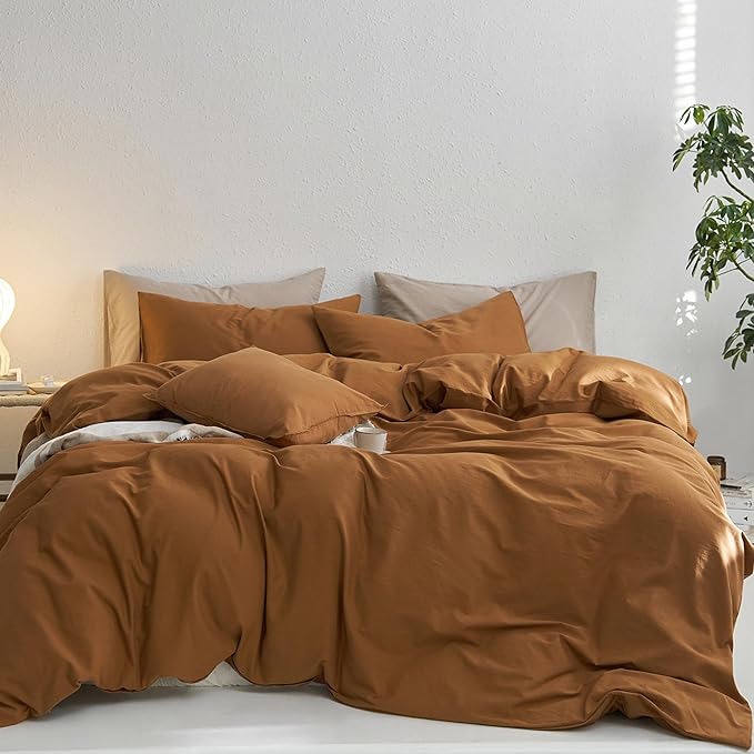 MooMee King Duvet Cover Set, 100% Washed Cotton Linen Like Twill Thick Sturdy Material Super Soft Breathable Durable Bedding for All Season, 3 Pieces (Dark Orange, King 104"x90")