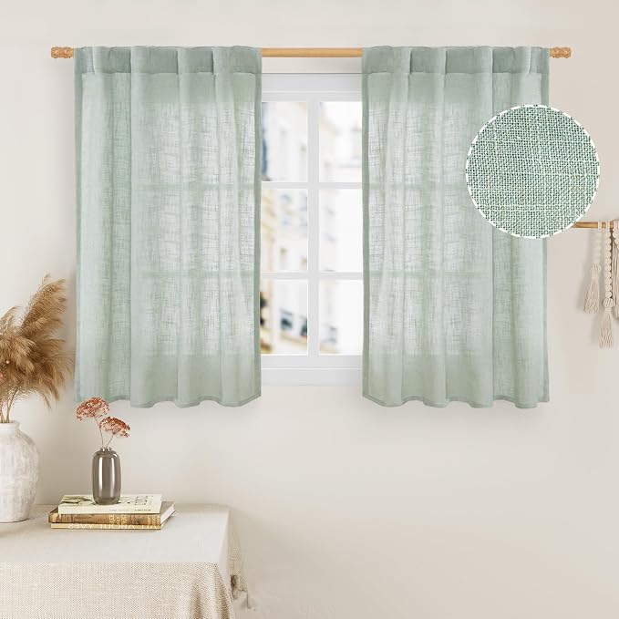 LAMIT Short Linen Window Curtains 40 Inch Length 2 Panels, Light Sage Semi Sheer Light Filtering Panels Back Tab and Rod Pocket Neutral Drapes for Basement/Window/Loft Room, 34 x 40 Inch