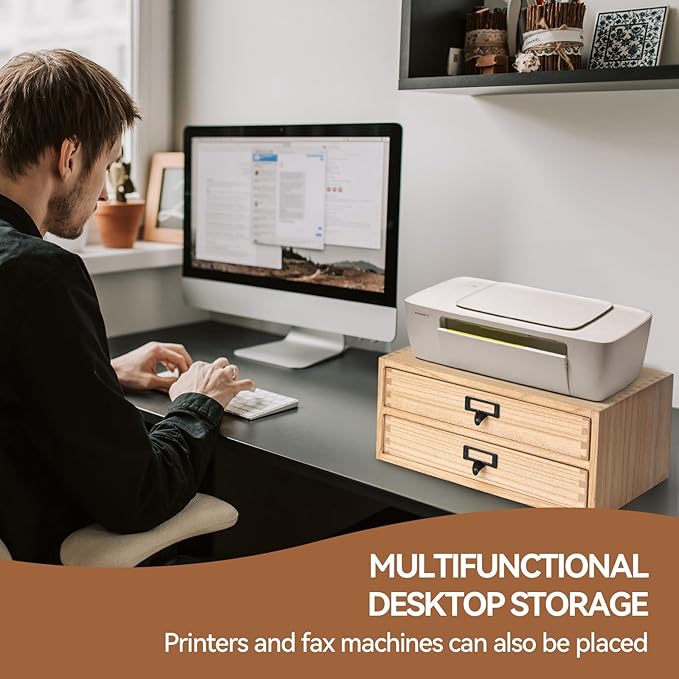 KIRIGEN Wooden Desk Organizer with 2 Drawers, Solid Wood Desktop Storage Cabinet, Shallow Office Drawer Organizer for Printer Paper and Mail, No Assembly, 13.78 W x 10.6 D x 5.9 H Inch, FAX-NA