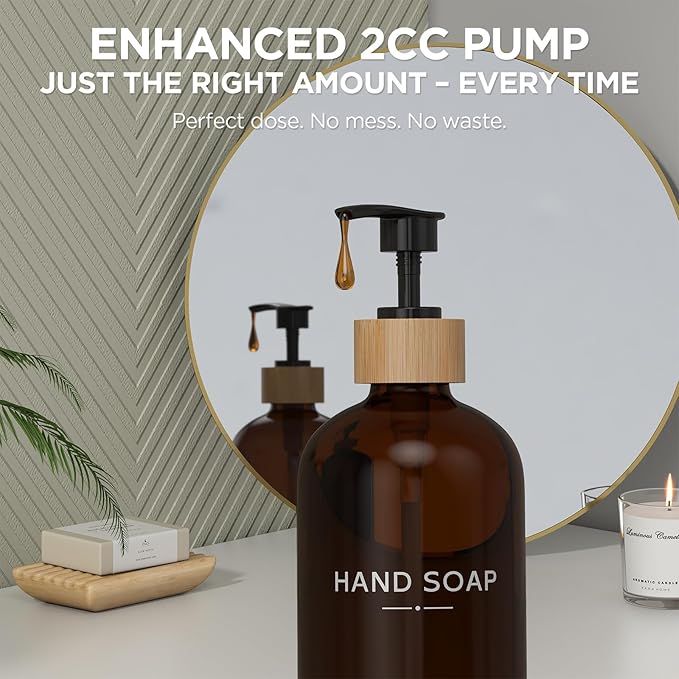 Hand and Dish Soap Dispenser Set,16oz Glass Bottles with Bamboo Pumps & Tray,Countertop Soap Dispensers for Kitchen,Luxury, Minimalist & Farmhouse Decor