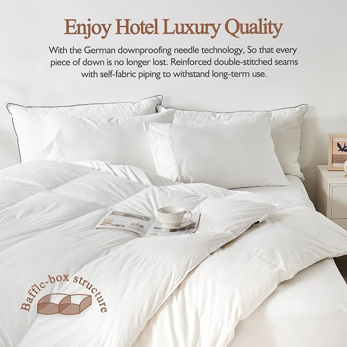 100% Organic Cotton Feather & Down Fibers Comforter King Size, All-Season Hotel-Style Hypoallergenic Duvet Insert, Ivory White 106x90 Inch