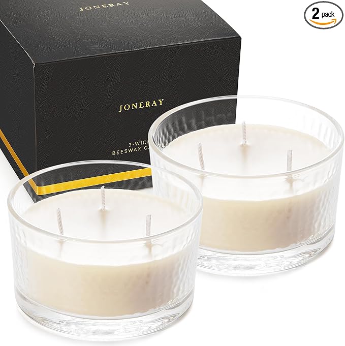 3-Wick Beeswax Candles in Glass Jar, Natural Unscented Beeswax Candles - 22 Hour Burn Time, Handmade Candles for Party, Holidays Gift, Dinning (Pack of 2, White)