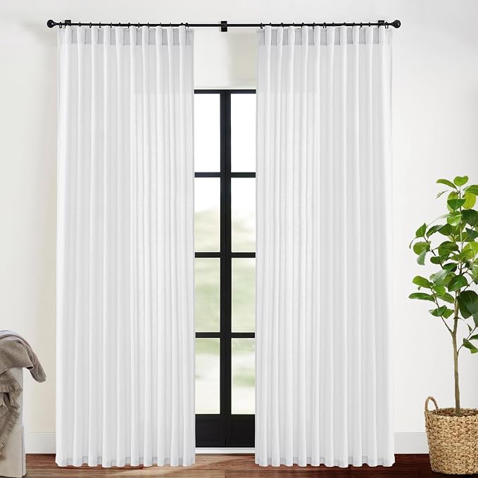 XTMYI White 90 Inch Length Back Tab/Hook Belt Linen Cotton Sheer Curtains for Bedroom 2 Panels,70 Inch Wide