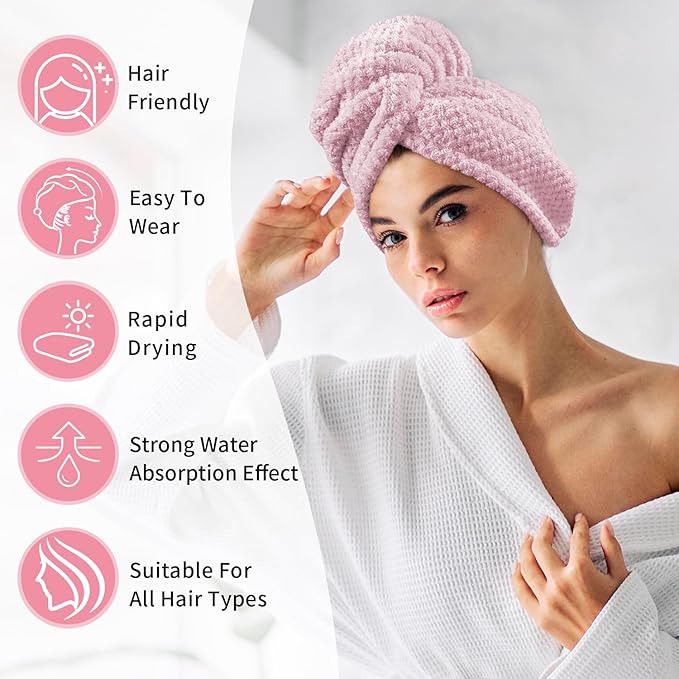 my novel things 3 Pack Hair Towel Wrap for Women, 25.4" x 9.8" Microfiber Towels, Super Absorbent Quick Dry with Button for Curly Hair Anti Frizz (Pink,White,Purple) Gift for Women Girls