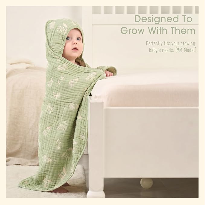 Ultra-Soft Muslin Baby Hooded Towel - 32 x 32 Inches, Ideal for Bath & Beach, Suitable for Both Boys & Girls from Newborns to Toddlers (Sage Green Floral)