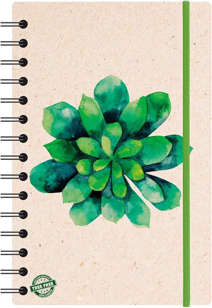 Geographics Eco Journal 5.4" x 8.25", Tree-Free Spiral Notebook with 70 gsm Sugar Cane Paper, Daily Nature Journal with Double-Wire Binding & Elastic Band, 80 Sheets, Succulent