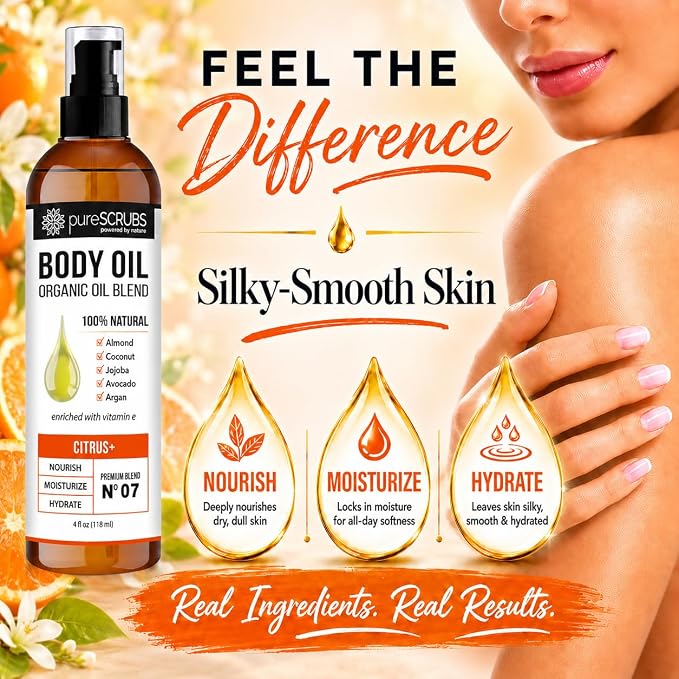 pureSCRUBS Ultra Moisturizing Citrus Body Oil for Dry Skin, 4 oz | Luxurious After Shower Body Oil for Soft, Silky, Glowing Skin, Non-Greasy, Fast Absorbing & Hydrating Formula with Vitamin E