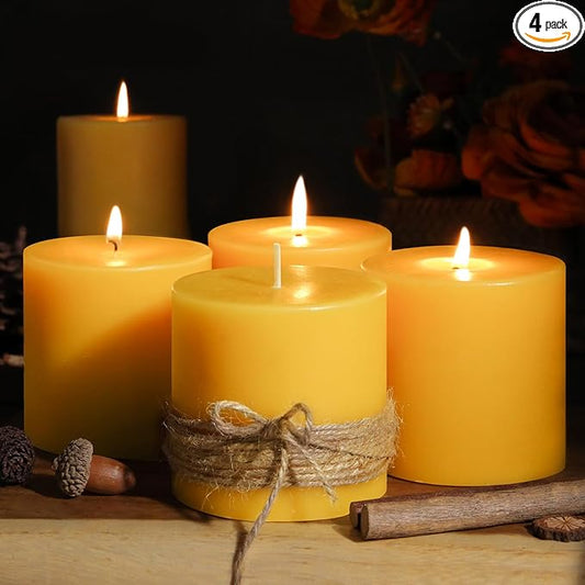 4 Pack Natural Beeswax Pillar Candles,100% Pure Beeswax Candle,200 Hours Long Burning Smokeless Organic Bees Wax for Home, Bee Pillar Candles Bulk for Relax, Emergency, Non-Toxic & Unscented