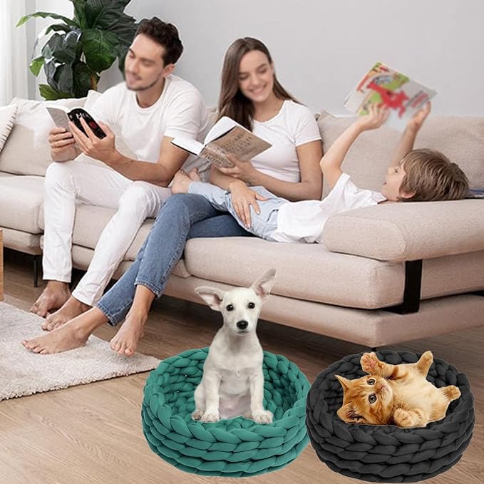 Woven Dog Bed Basket, Knitted Cotton Cat Bed Round Washable Woven Cat Pet Bed Chunky Dog Basket, Orthopedic, Chunky Knit Dog Nest,Dog Bed,Dog Cave,Dog Bedding(Black,19")