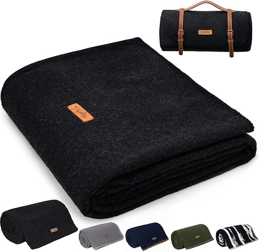Molithe 100% Wool Blanket, 62" x 86", Warm, Thick, Washable, Military Wool Blanket, Great for Camping, Outdoors, Sporting Events, Survival Kits,Carbon Black