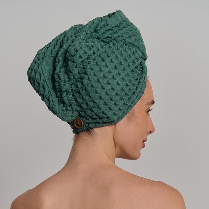 Luxury Organic Japanese Cotton Hair Drying Waffle Towel Wrap for Women | Absorbent, Quick-Dry Head Turban for Shower, Sauna, Spa | Extra Large for Long, Curly, Straight Hair With Button (Green, 2 Pc)