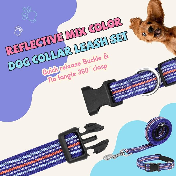 Reflective Dog Collar and Leash Set (4 FT/5 FT), Nylon Leash with Heavy-Duty Steel D-Ring, Adjustable Collar with Quick Release Buckle - 4 Color Matching in Dark Blue