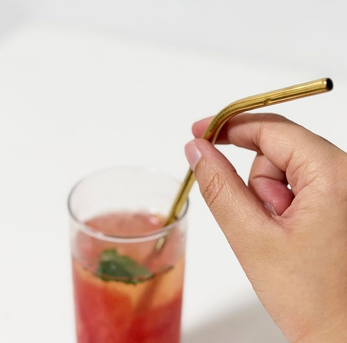 10 Pcs Stainless Steel Straws, Reusable Drinking Straws, Bent Metal Straw Sets with 2 Pcs Cleaning Brushes (Gold, 8.5 Inch)
