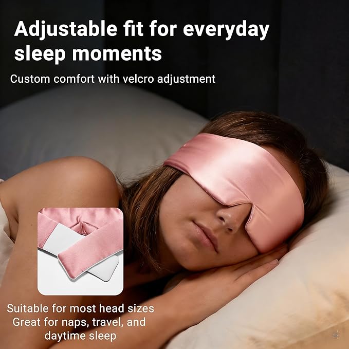 Mulberry Silk Sleep Mask for Women, 100% Blackout Eye Mask for Sleeping, Full Wrap Eye Cover with Adjustable Fit, Soft on Skin and Hair, 22 Momme Pink