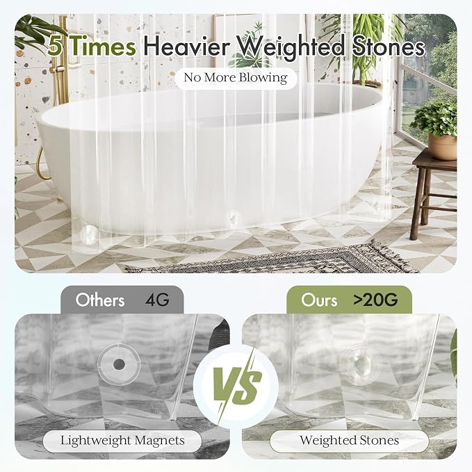 Bathway Shower Curtain Liner Plastic, Heavy Duty Shower Curtain Liner Clear 60 x 72 PEVA Waterproof Shower Curtain Liner for Bathroom with 3 Big Stones and 10 Rustproof Grommets