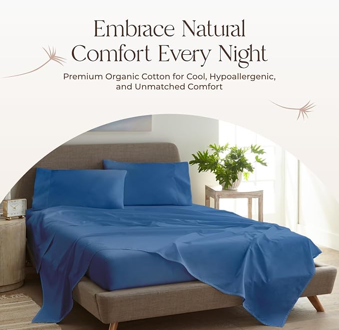 100% Organic Cotton Sheets King Size - GOTS Certified Cotton Percale Sheets with Crisp Cool & Breathable Percale Weave Perfect for Hot Sleepers - Durable Luxury 4 Piece Set (Blue, King)