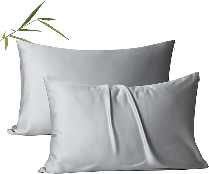 2 Pack Cooling Pillow Cases,Viscose Derived from Bamboo Pillow Protectors Standard Size Set of 2, 400 Thread Count Soft Silky Breathable Summer Pillow Cover with Zipper Hidden (2PCS, Gray, Standard)