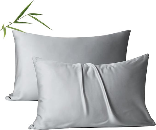 2 Pack Cooling Pillow Cases,Viscose Derived from Bamboo Pillow Protectors Standard Size Set of 2, 400 Thread Count Soft Silky Breathable Summer Pillow Cover with Zipper Hidden (2PCS, Gray, Standard)