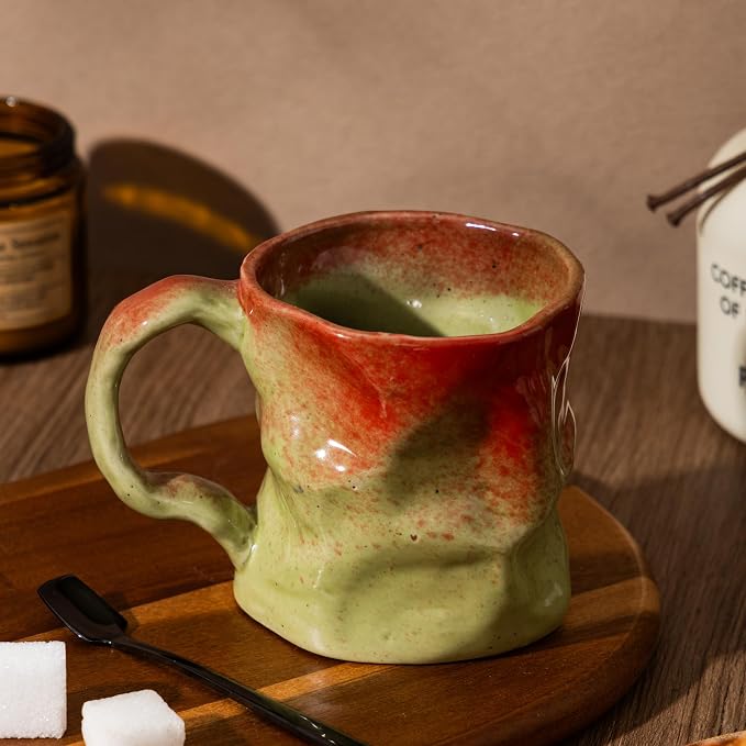 Handmade Ceramic Coffee Mugs, Mugs with Spoon, 11oz, Handmade Pottery Mug with Handle, Hand-painting, Unique Uneven Surface Tea cups, Dishwasher and Microwave Safe (green)
