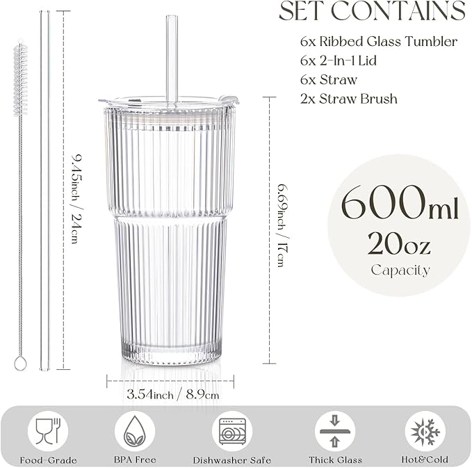 KEMORELA 6-Pack 20 oz Ribbed Glass Tumblers with Lids and Straws – Vintage Iced Coffee Cups, Reusable Smoothie & Cocktail Glasses, Durable Clear Glassware for Home, Cafe & Party Use