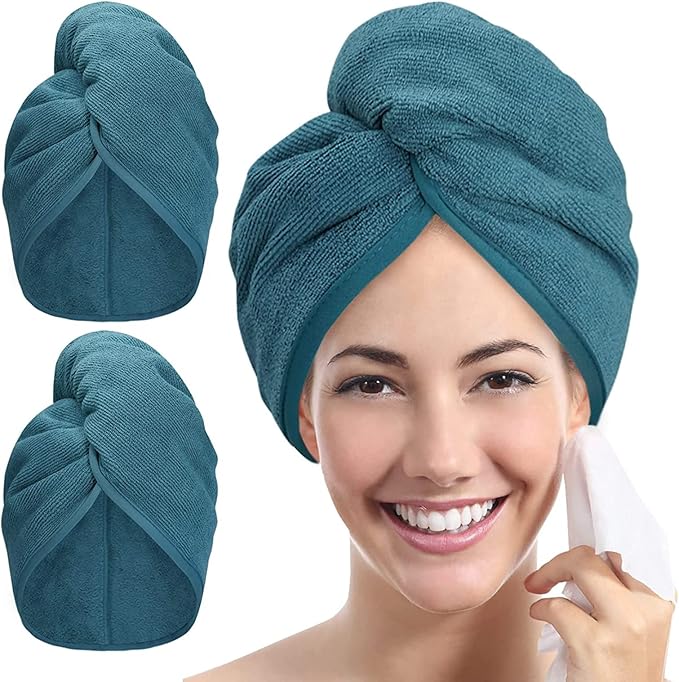 YoulerTex Microfiber Hair Towel Hairs Wrap: 2 Pack 10X26 Hair Dryer Towels for Women Absorbent Turban Twist Drying Shower Cap Curly Hairs Products for Hair's Care Accessories (Navy Blue)