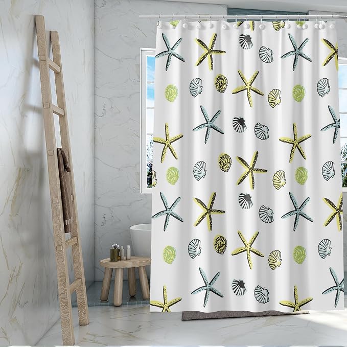 TIKABC Shower Curtain Liner, 4G PEVA Starfish Shower Liner, Plastic Waterproof Shower Curtains, 72x72 inch with Grommet Holes 3 Magnetic Weights