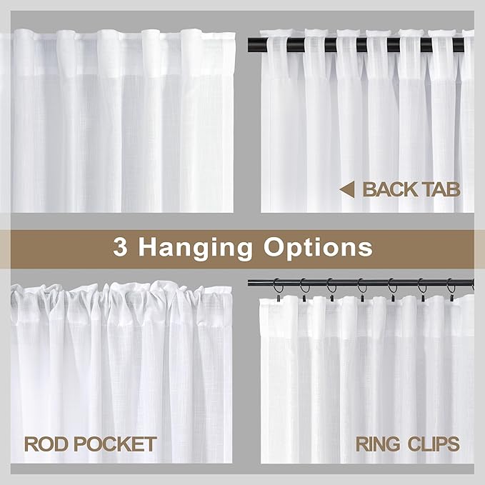 Pitalk White Curtains 38 Inch Width for Kitchen Windows 2 Panel Back Tab Rod Pocket Linen Cafe Tier Light Filtering Short Sheer Curtains for Bathroom Laundry Basement Farmhouse Decor Wide 38x45 Length