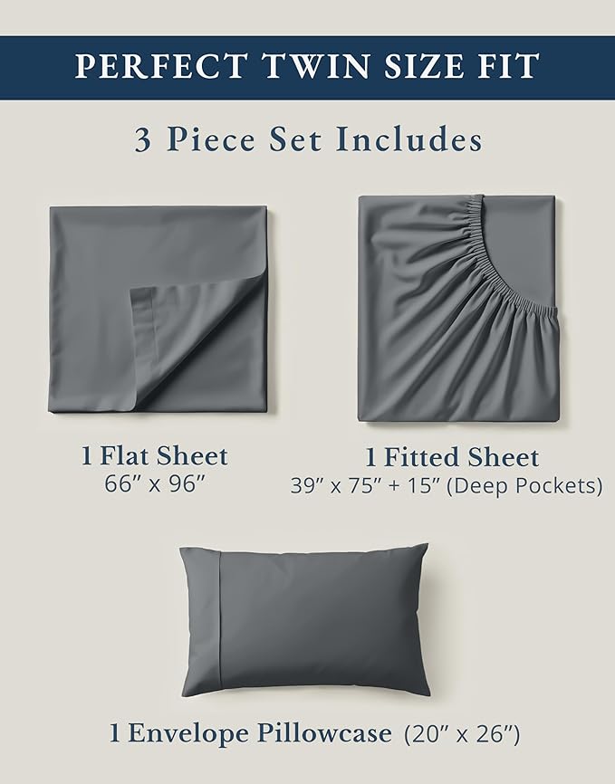 LANE LINEN 100% Organic Cotton 3Pc Bed Sheets Twin Size, Classic Percale Weave, Soft & Comfy Fully Elasticized Naturally Cooling Cotton Sheets, Low Pill Machine wash Twin Sheet Set- Charcoal