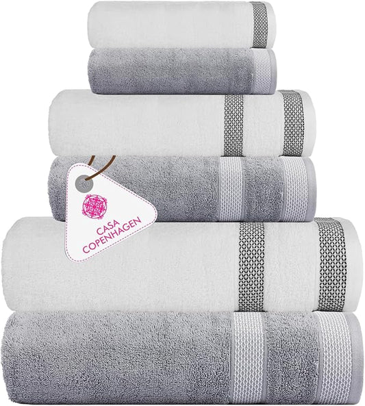 CASA COPENHAGEN Solitaire 6Pcs 100% Egyptian Cotton Large Designer Towels Gift Set- White - Grey, 2Bath 2Hand 2Washcloths, Bath Towels for Bathroom (Box Pack, Gift Set for Women & Men)