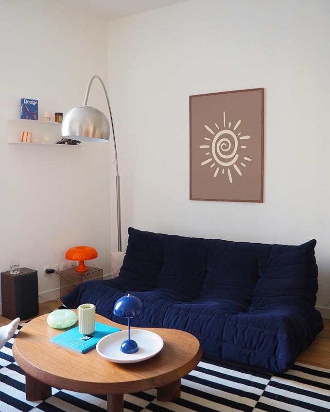 Abstract Spiral Sun Wall Art Swirl Sunburst Print Earth Tones Terracotta Tan Mid Century Modern 24x36 Inch Oak Wood Walnut Framed Tribal Boho Decor for Living Room