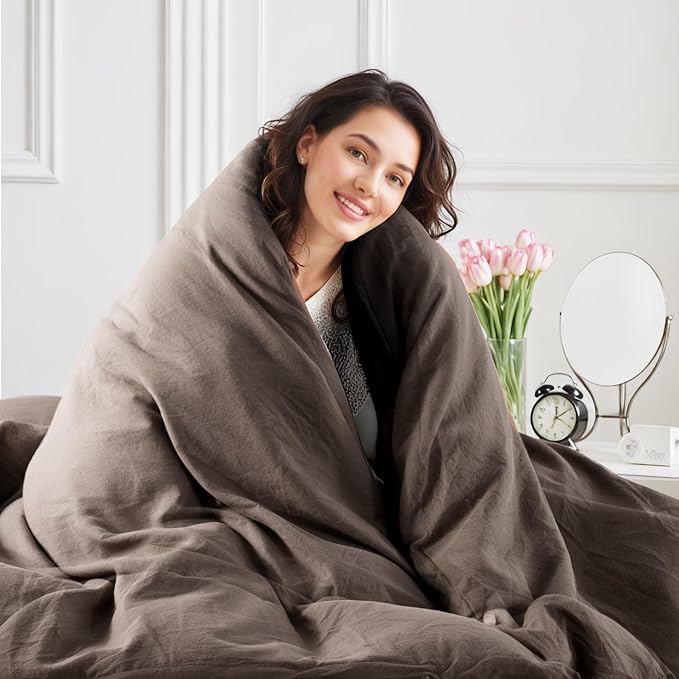 NEXHOME PRO 100% Washed Cotton Duvet Cover Queen Size, Ogranic Natural Linen Feel Breathable Bedding Set with Zipper Closure, 3 Pieces Duvet Cover Set Chocolate (No Comfortert) 9090