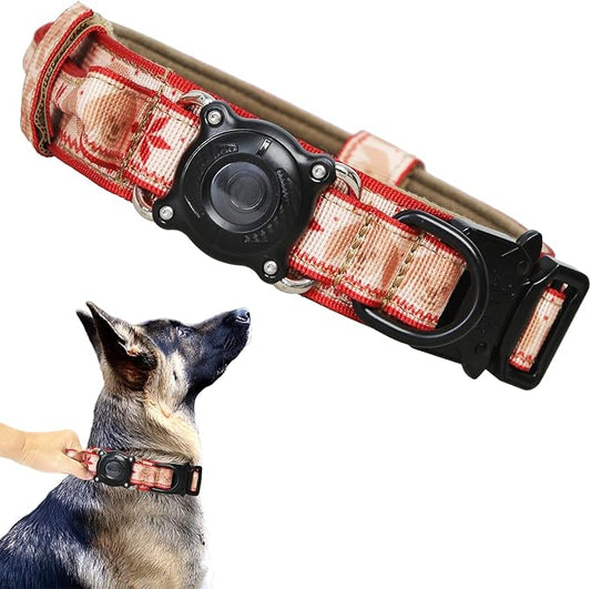 Christmas Tactical Dog Collar with Airtag Holder Waterproof Dog Airtag Collar with Control Handle Adjustable Heavy Duty Dog Collars(Christmas Red，XL