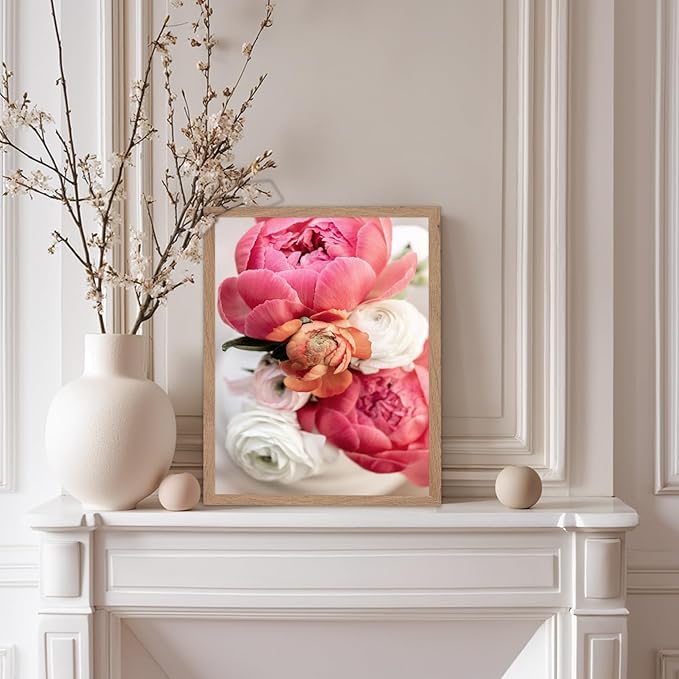 Monem Art Pink Peony Floral Macro Photography Print - Romantic Flower Art Poster - Wall Decor for Living Room, Bedroom or Office - 8x10 Beige Framed Wall Art by Mareike Bohmer
