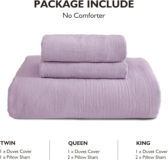 EMME Muslin Cotton Duvet Cover Set Lavender King Size Linen Like Soft Breathable Lightweight Summer Comforter Cover Set with Zipper Closure (Lavender, King, 104"x90")